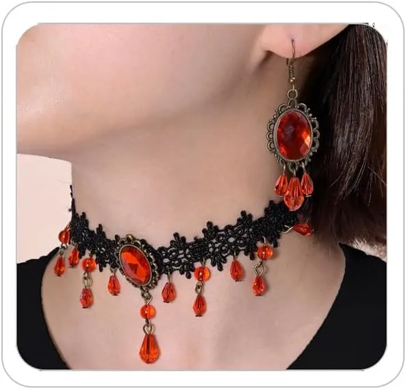 Vampire Lace Necklace Earrings for Women Lace Blood Teardrop Choker Necklace Earrings Set Gothic Costume Accessories Halloween Prom Jewelry