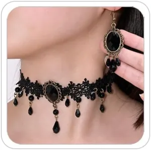 Vampire Lace Necklace Earrings for Women Lace Blood Teardrop Choker Necklace Earrings Set Gothic Costume Accessories Halloween Prom Jewelry