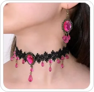 Vampire Lace Necklace Earrings for Women Lace Blood Teardrop Choker Necklace Earrings Set Gothic Costume Accessories Halloween Prom Jewelry