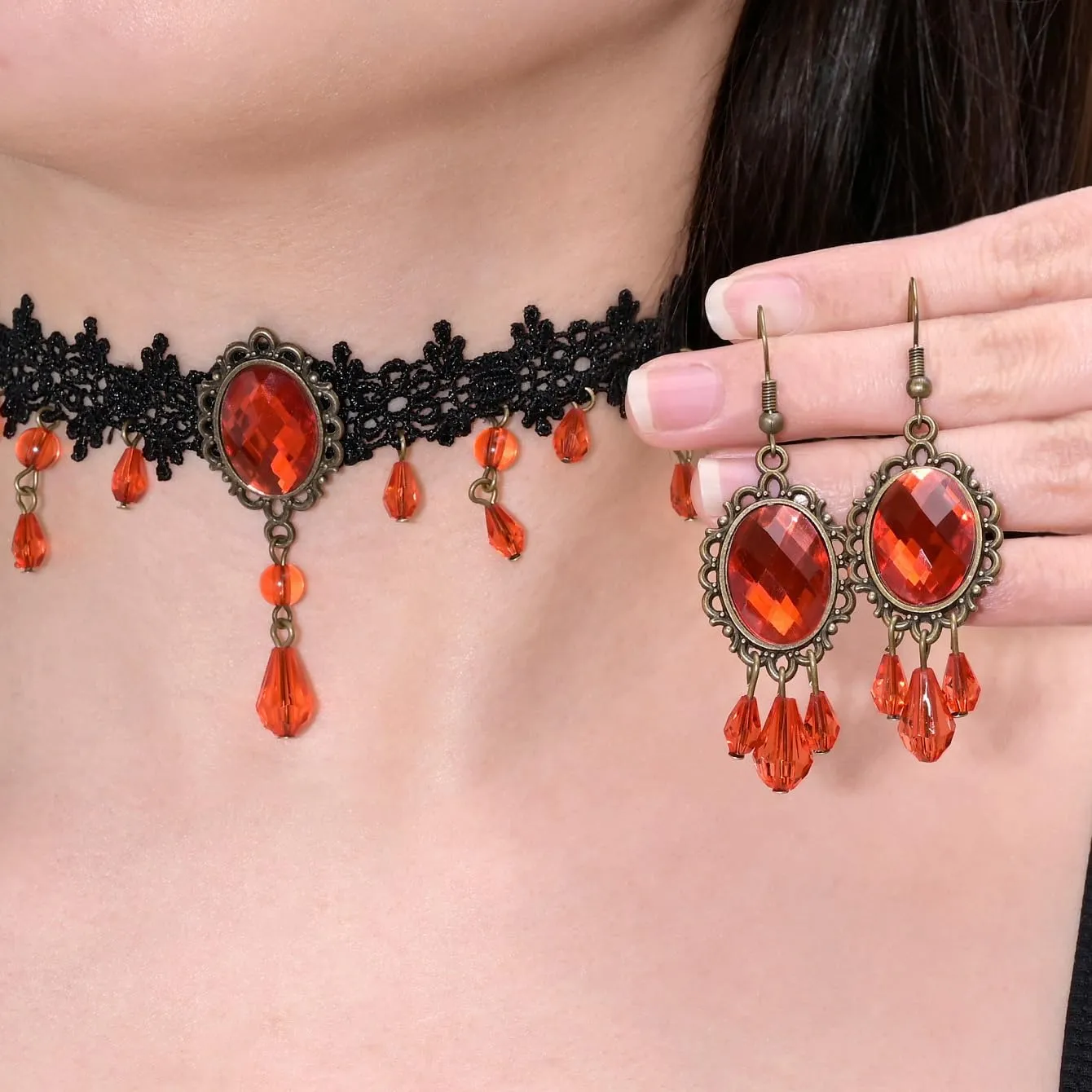 Vampire Lace Necklace Earrings for Women Lace Blood Teardrop Choker Necklace Earrings Set Gothic Costume Accessories Halloween Prom Jewelry