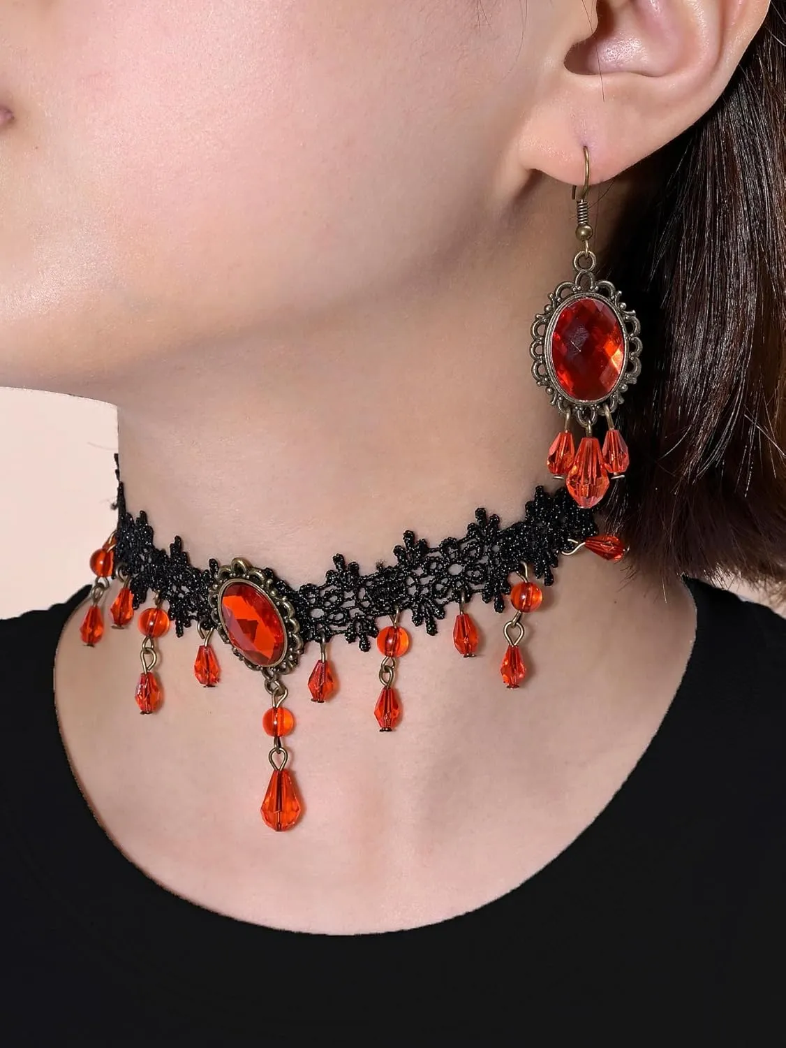 Vampire Lace Necklace Earrings for Women Lace Blood Teardrop Choker Necklace Earrings Set Gothic Costume Accessories Halloween Prom Jewelry