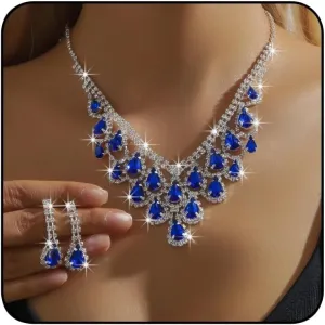 Vintage Crystal Teardrop Necklace and Earrings Set Sparkly Rhinestone Statement Jewelry Red Blue Clear Gemstone Wedding Prom Formal Accessories for Women