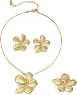 Vintage Gold Flower Necklace Earrings Ring Set,Statement Petal Flower Necklace Chunky Floral Earrings Rings Jewelry for Women
