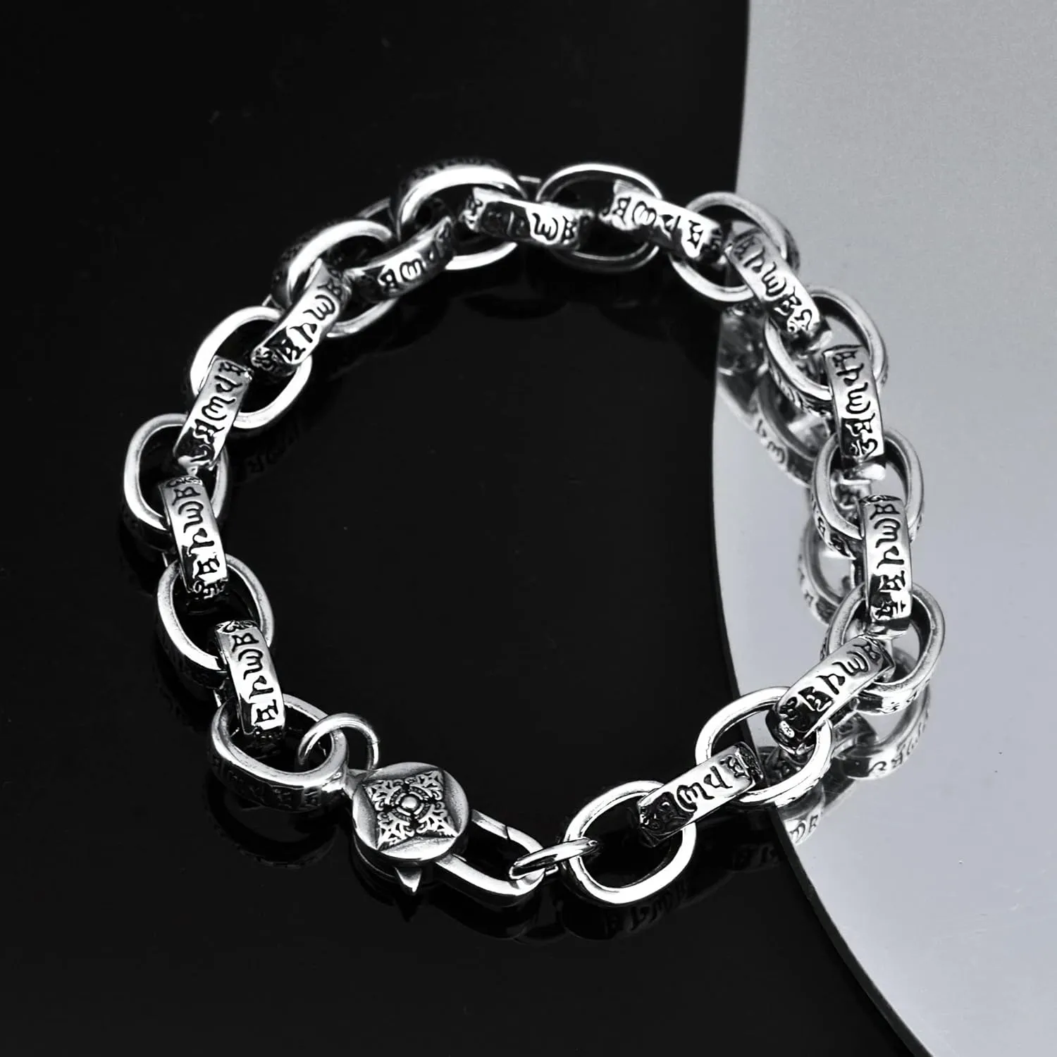 Vintage S925 Silver Six Character Mantra Bracelet,Buddhist Vajra Bracelet for Men,Tibetan Buddhist Prayer Ornament Gift