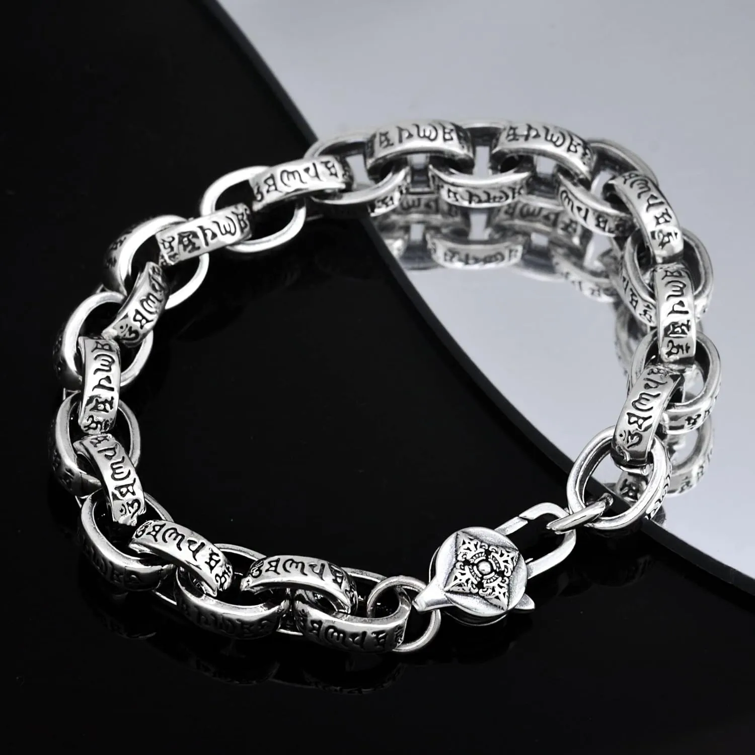 Vintage S925 Silver Six Character Mantra Bracelet,Buddhist Vajra Bracelet for Men,Tibetan Buddhist Prayer Ornament Gift
