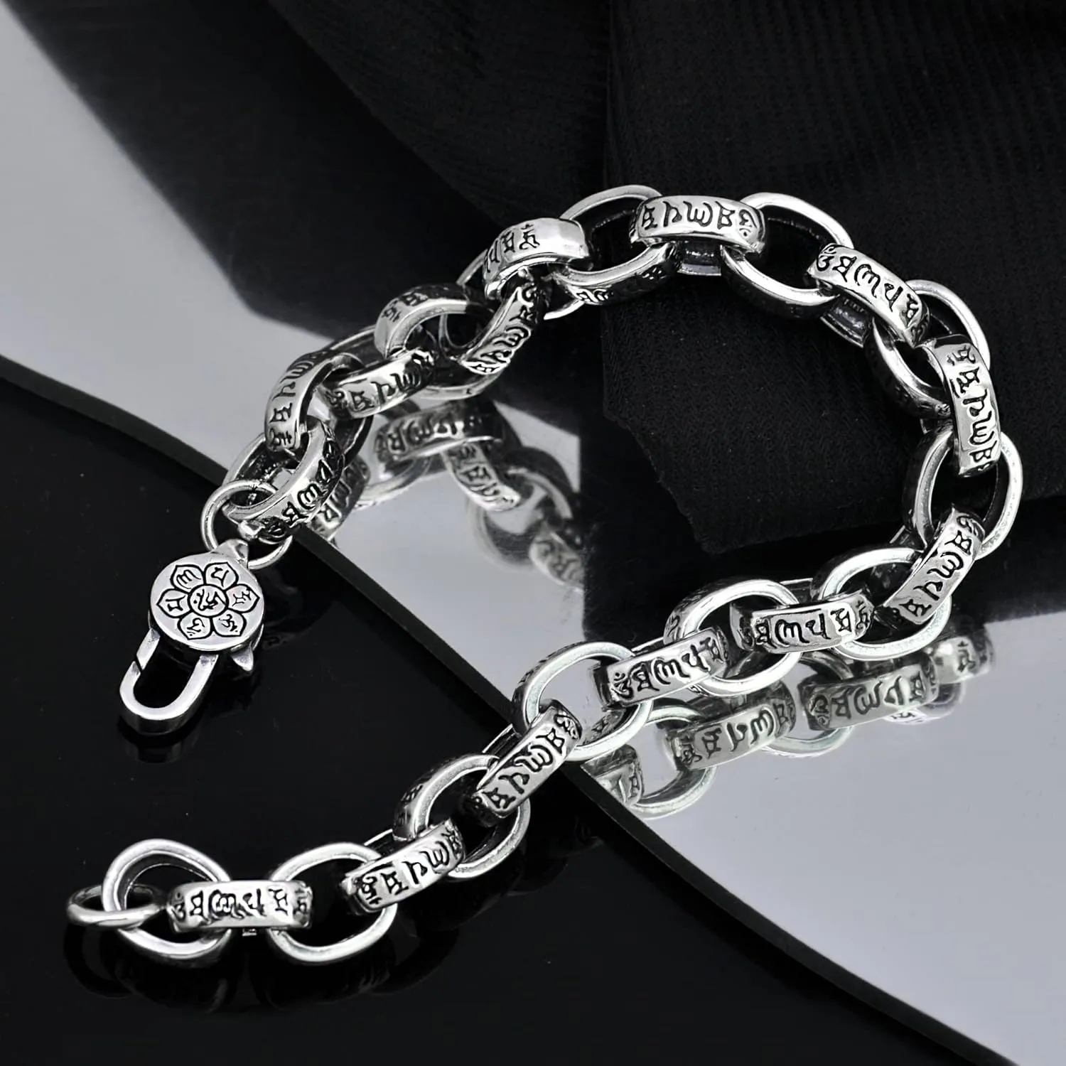 Vintage S925 Silver Six Character Mantra Bracelet,Buddhist Vajra Bracelet for Men,Tibetan Buddhist Prayer Ornament Gift