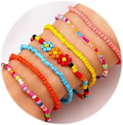 Vinzar Boho Layer Bracelet Colorful Bead Bracelet Flowers Stretch Bracelet Handmand Stackable Bracelet Set Friendship Bracelet Jewelry for Women