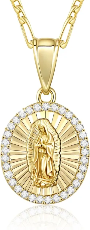 Virgin Mary Necklace for Women, 14K Gold Plated Guadalupe Necklace Mother Mary Catholic Gift, Cubic Zirconia Virgen de Guadalupe Charm Pendant Lady of Guadalupe Mexican Jewelry, 18/20/24 IN Chain