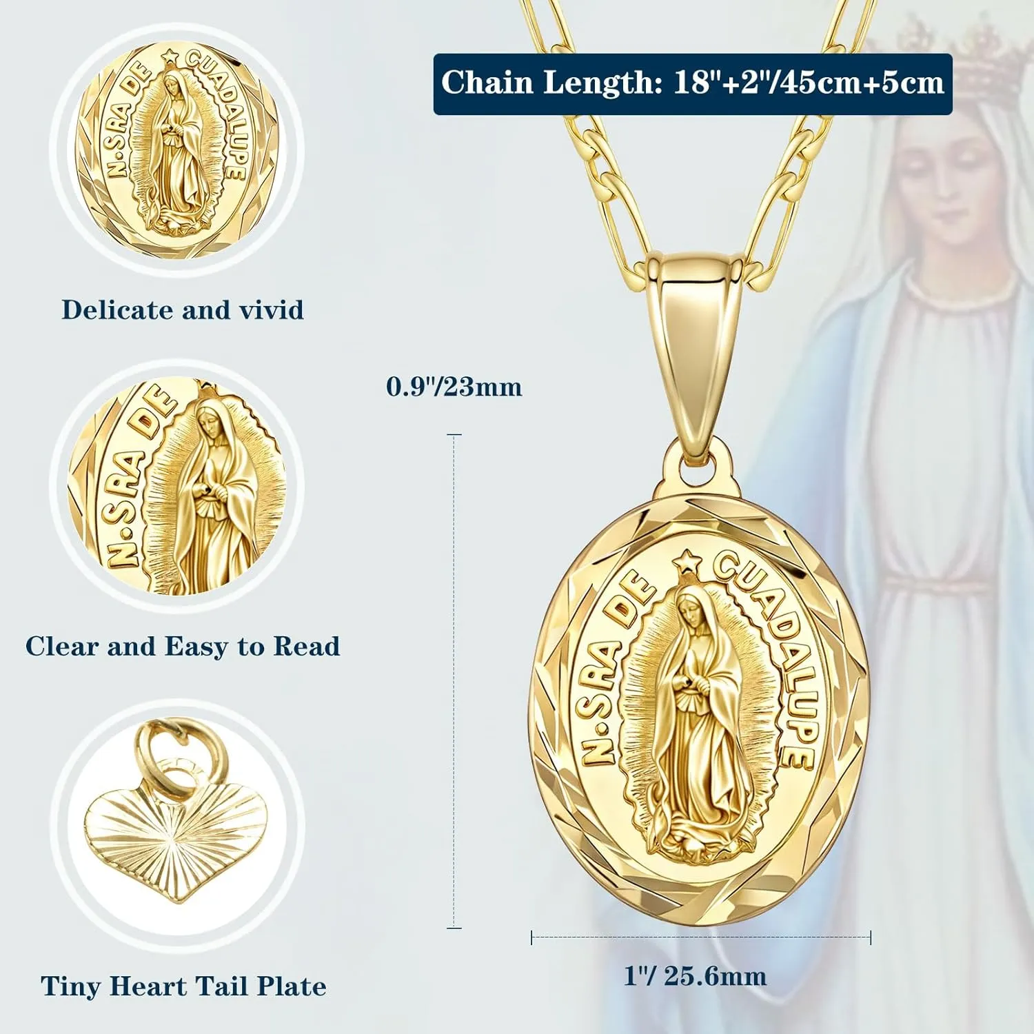 Virgin Mary Necklace for Women, 14K Gold Plated Guadalupe Necklace Mother Mary Catholic Gift, Cubic Zirconia Virgen de Guadalupe Charm Pendant Lady of Guadalupe Mexican Jewelry, 18/20/24 IN Chain