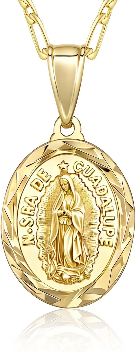 Virgin Mary Necklace for Women, 14K Gold Plated Guadalupe Necklace Mother Mary Catholic Gift, Cubic Zirconia Virgen de Guadalupe Charm Pendant Lady of Guadalupe Mexican Jewelry, 18/20/24 IN Chain