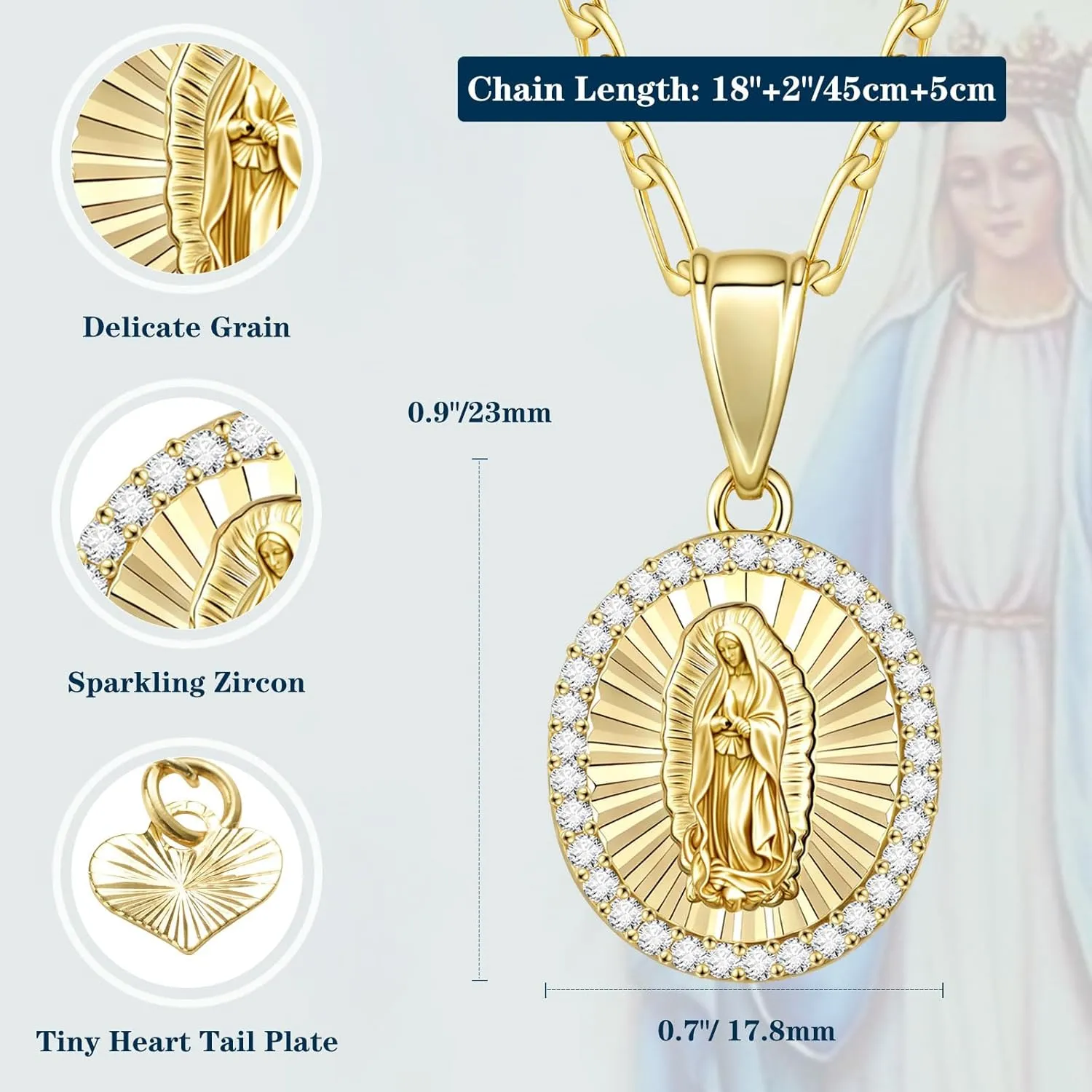 Virgin Mary Necklace for Women, 14K Gold Plated Guadalupe Necklace Mother Mary Catholic Gift, Cubic Zirconia Virgen de Guadalupe Charm Pendant Lady of Guadalupe Mexican Jewelry, 18/20/24 IN Chain