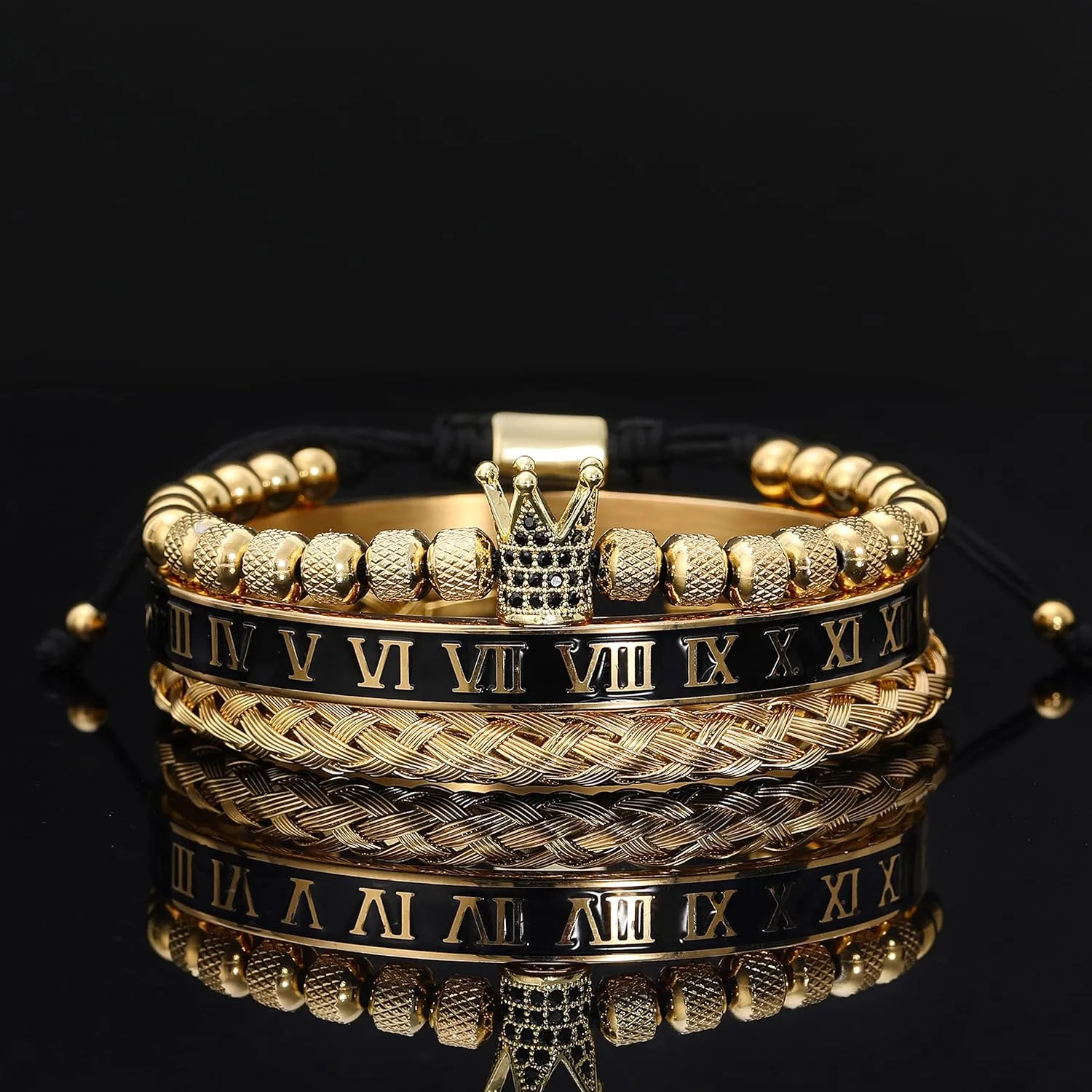 WFYOU 3PCS Stainless Steel Imperial Crown Bracelets for Men Gold Roman Numeral Bangle Bracelet Adjustable Cuff Bracelet Mens Luxury Jewelry Gifts