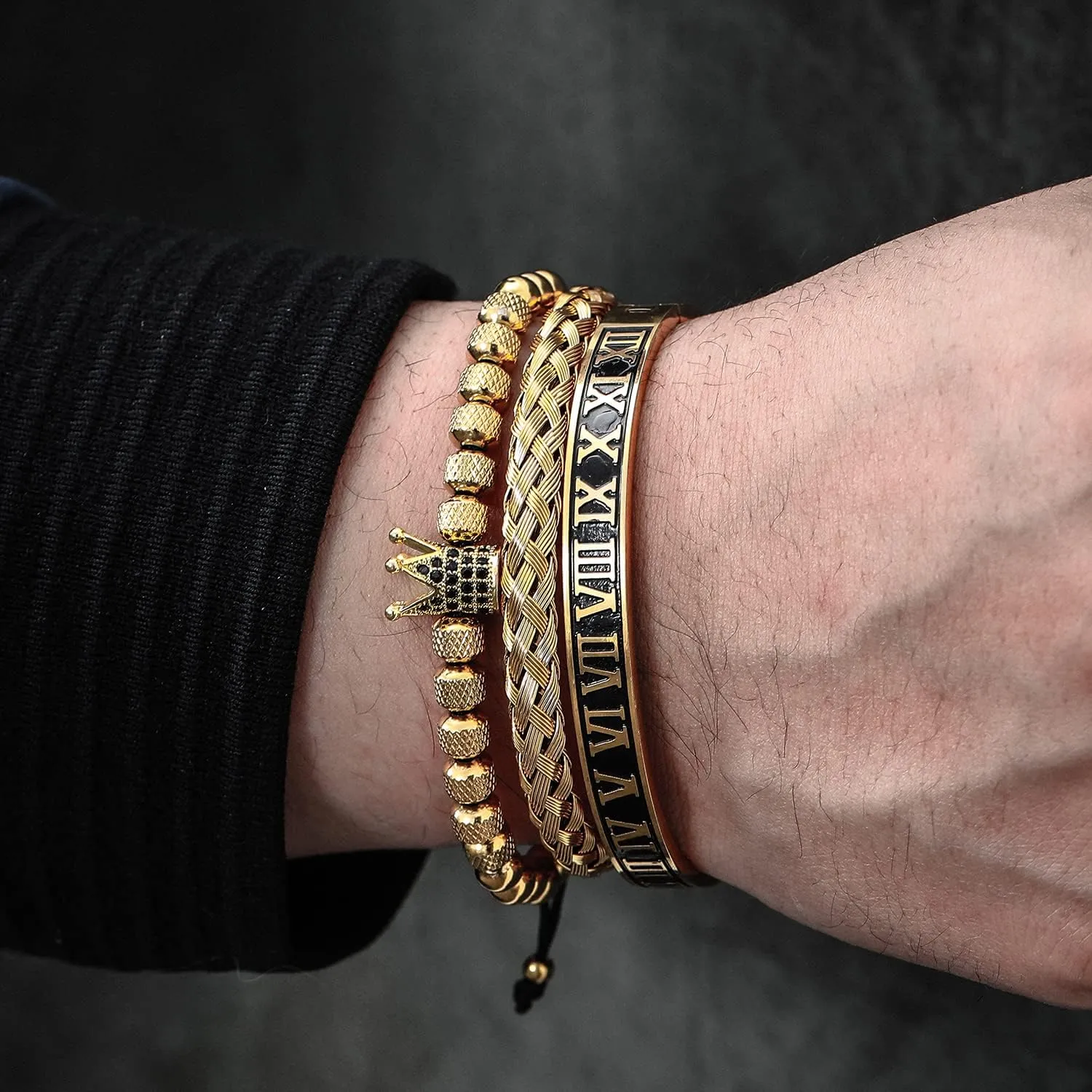 WFYOU 3PCS Stainless Steel Imperial Crown Bracelets for Men Gold Roman Numeral Bangle Bracelet Adjustable Cuff Bracelet Mens Luxury Jewelry Gifts