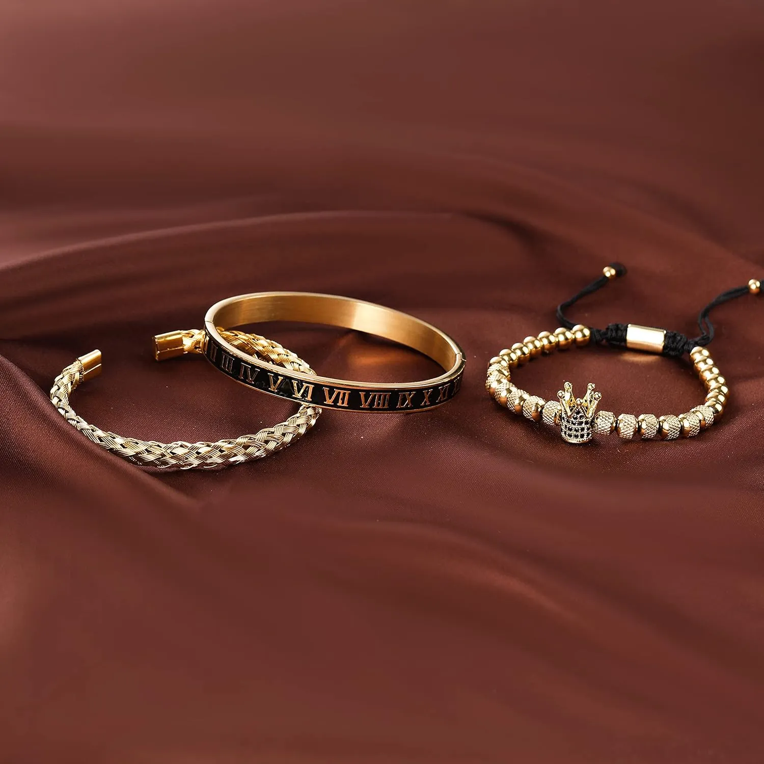 WFYOU 3PCS Stainless Steel Imperial Crown Bracelets for Men Gold Roman Numeral Bangle Bracelet Adjustable Cuff Bracelet Mens Luxury Jewelry Gifts