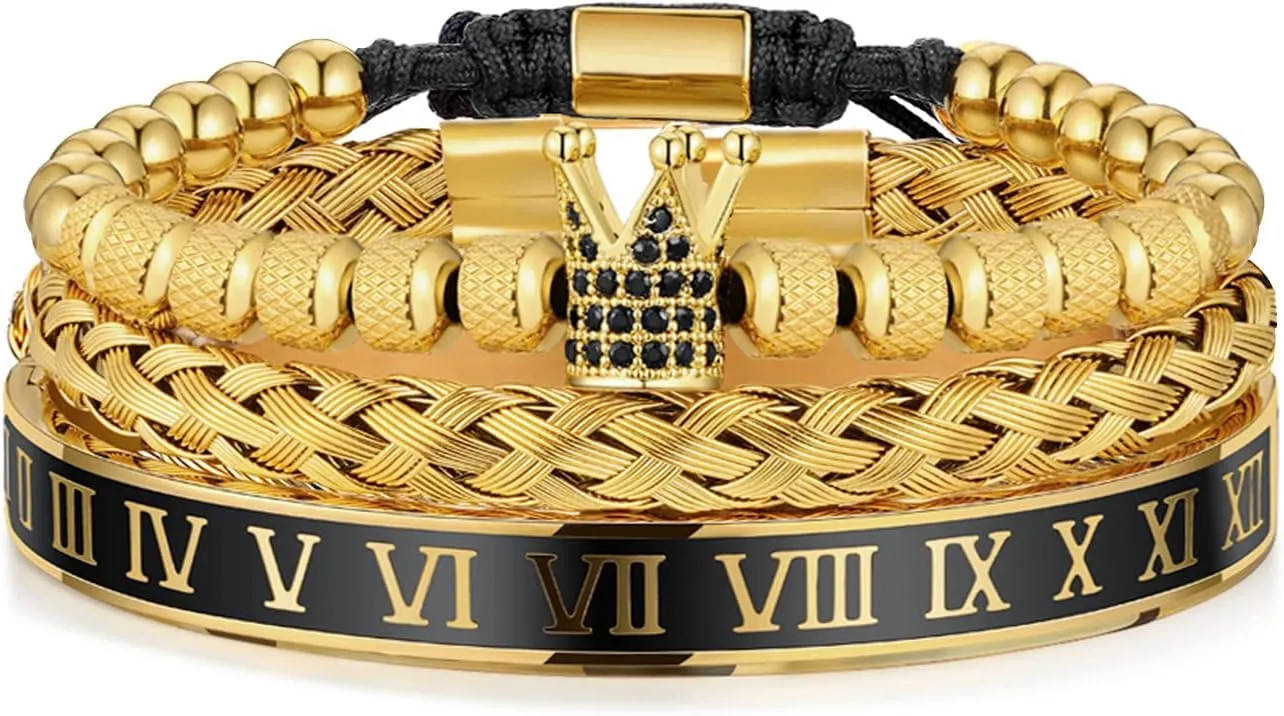 WFYOU 3PCS Stainless Steel Imperial Crown Bracelets for Men Gold Roman Numeral Bangle Bracelet Adjustable Cuff Bracelet Mens Luxury Jewelry Gifts