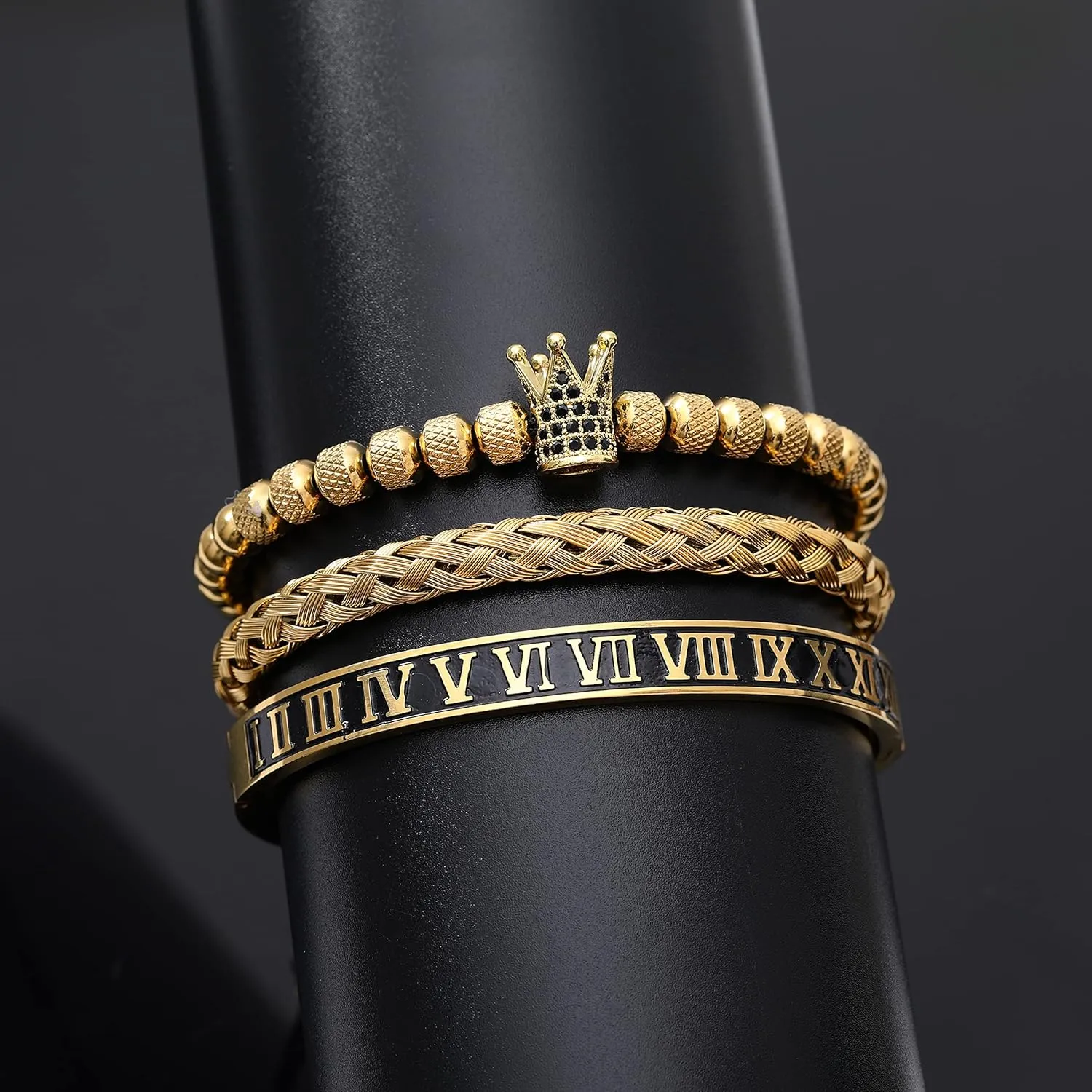WFYOU 3PCS Stainless Steel Imperial Crown Bracelets for Men Gold Roman Numeral Bangle Bracelet Adjustable Cuff Bracelet Mens Luxury Jewelry Gifts