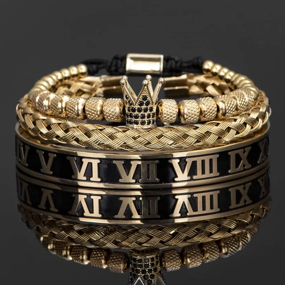 WFYOU 3PCS Stainless Steel Imperial Crown Bracelets for Men Gold Roman Numeral Bangle Bracelet Adjustable Cuff Bracelet Mens Luxury Jewelry Gifts