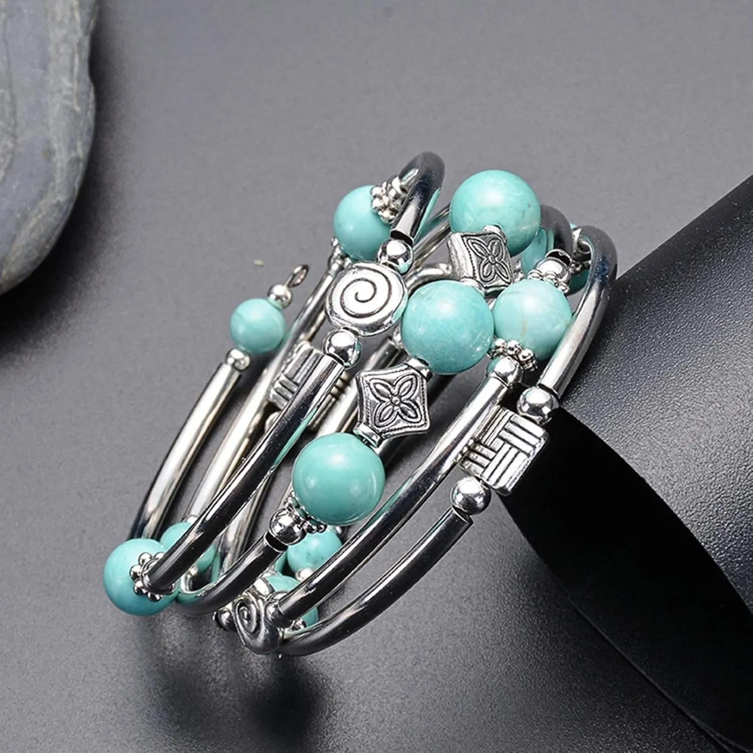 White Bracelet, Mens Bracelet Stainless Steel Beads Cubic-Zirconia Natural Stone Winding Multi-Layer for Prom Boyfriend Bracelets