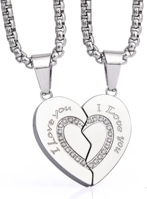 Wolentty Couple Matching Necklaces Broken Heart Pendants Inlaid Zirconic Stone Jewelry Gift for Valentine