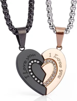 Wolentty Couple Matching Necklaces Broken Heart Pendants Inlaid Zirconic Stone Jewelry Gift for Valentine
