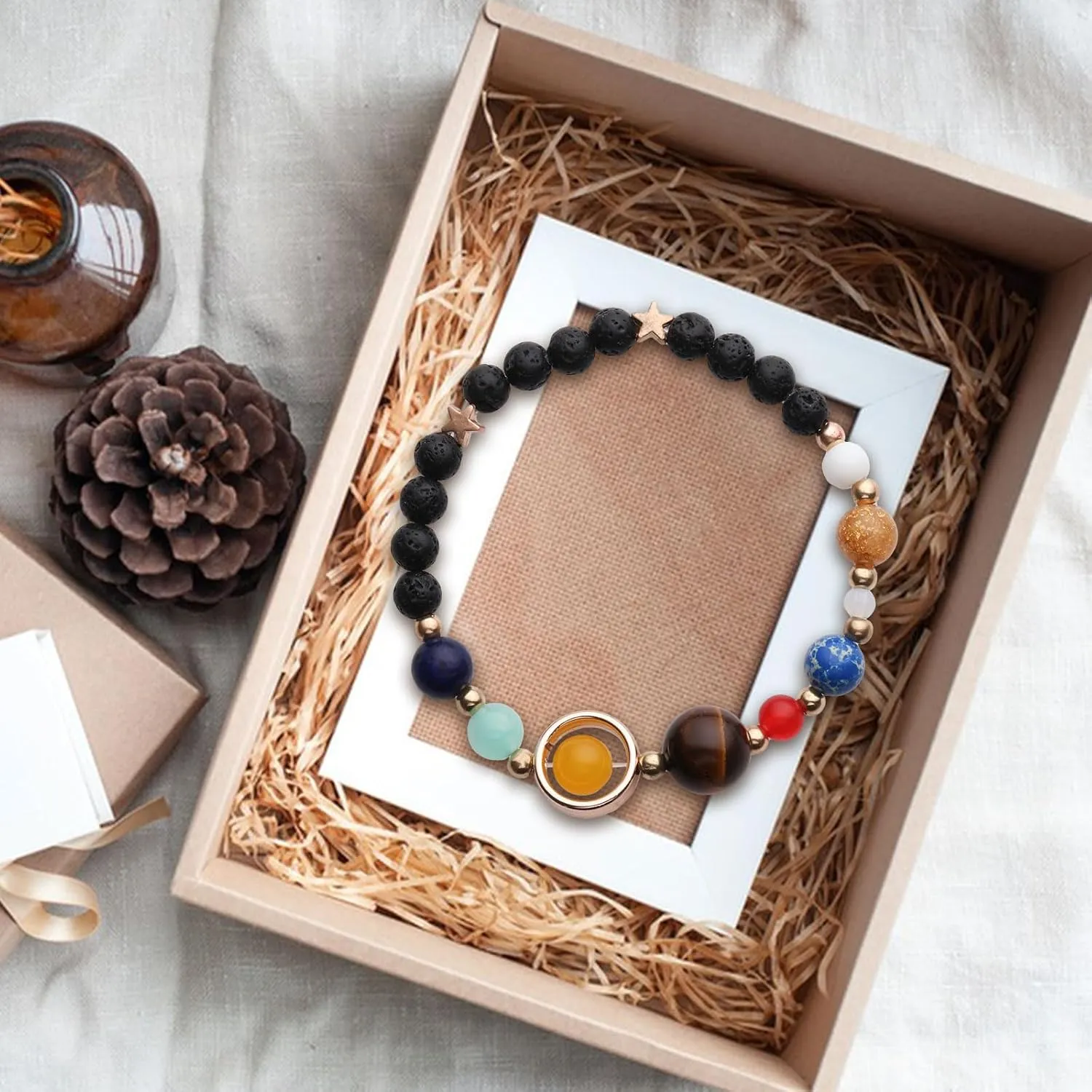 Women Natural Volcanic Stone Beads Bracelet,Solar System Bracelet Handmade Universe Galaxy The Eight Planets Guardian Star Bracelet,Elastic Stretching Bracelet,Healing Energy Gifts for Girls