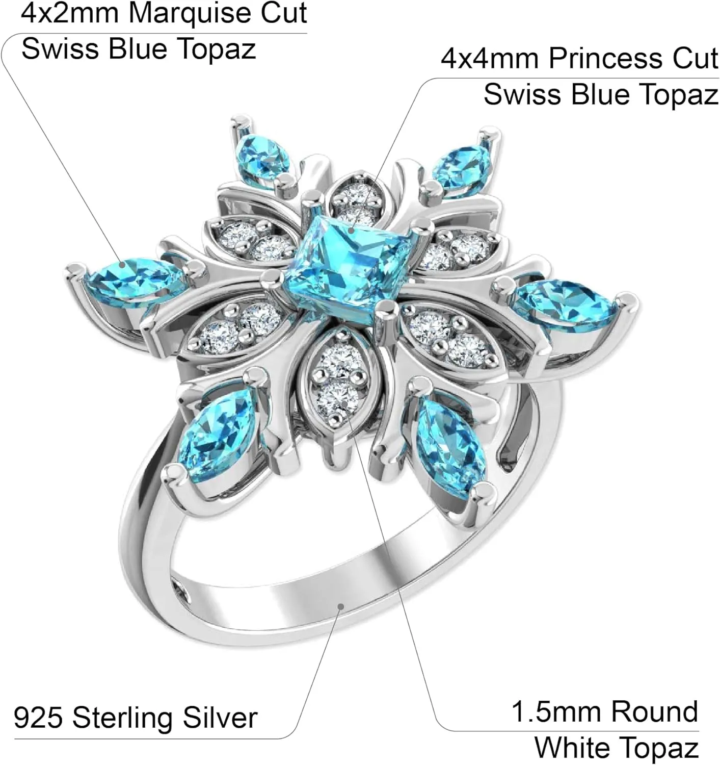 Women's 925 Sterling Silver Rhodium Plated Snowflake Gemstone Ring Prong Setting 1.12 Ct. Cubic Zirconia White Diamond Jewelry Ring Gift for Wedding Engagement Valentine's Day