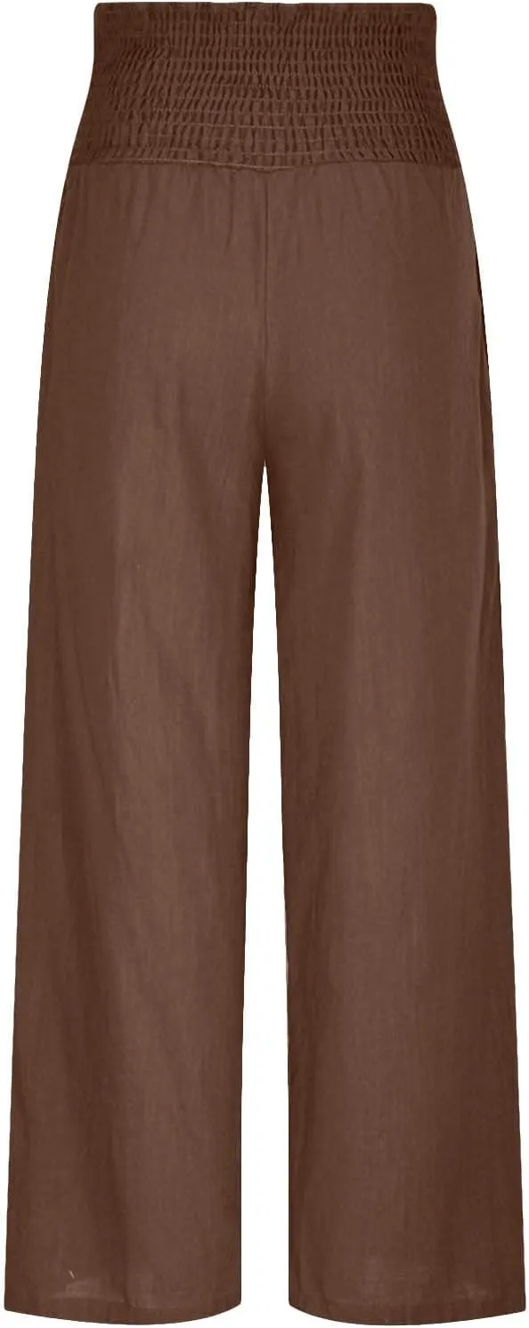 Womens Linen Palazzo Pants 2025 Summer Wide Leg Trouser High Waist Casual Lounge Pant Beach Travel Vacation Outfits