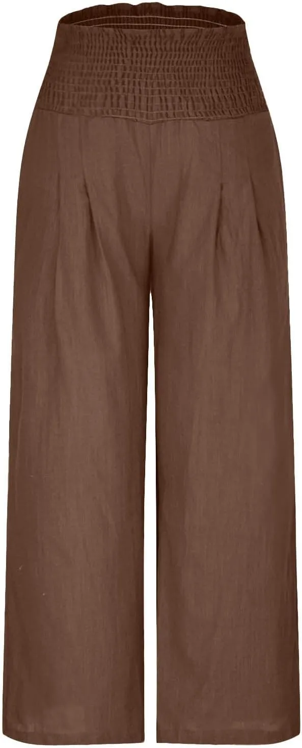 Womens Linen Palazzo Pants 2025 Summer Wide Leg Trouser High Waist Casual Lounge Pant Beach Travel Vacation Outfits