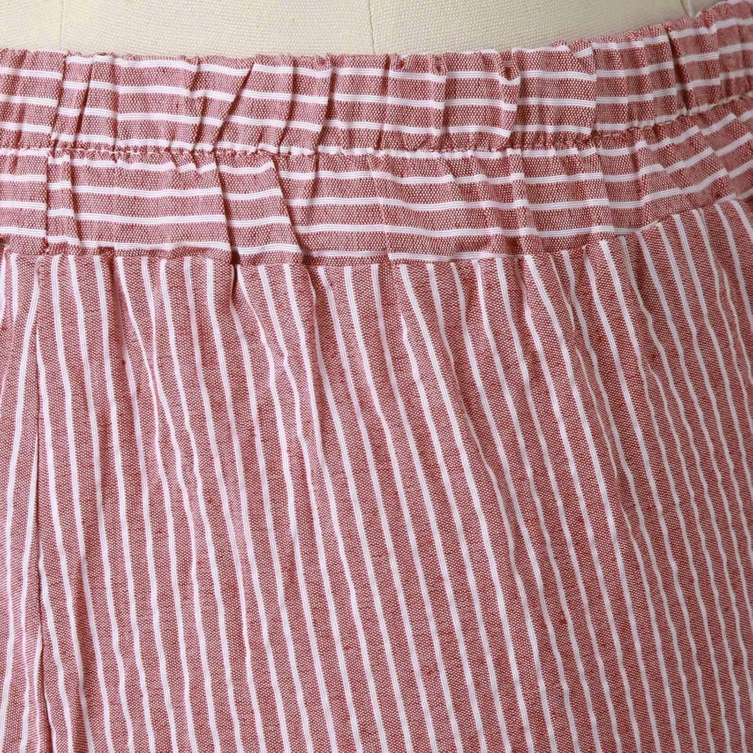 Women's Linen Pants Striped Side Button Elastic Waist Summer Trendy Pants Straight Leg Baggy Trousers with Pockets