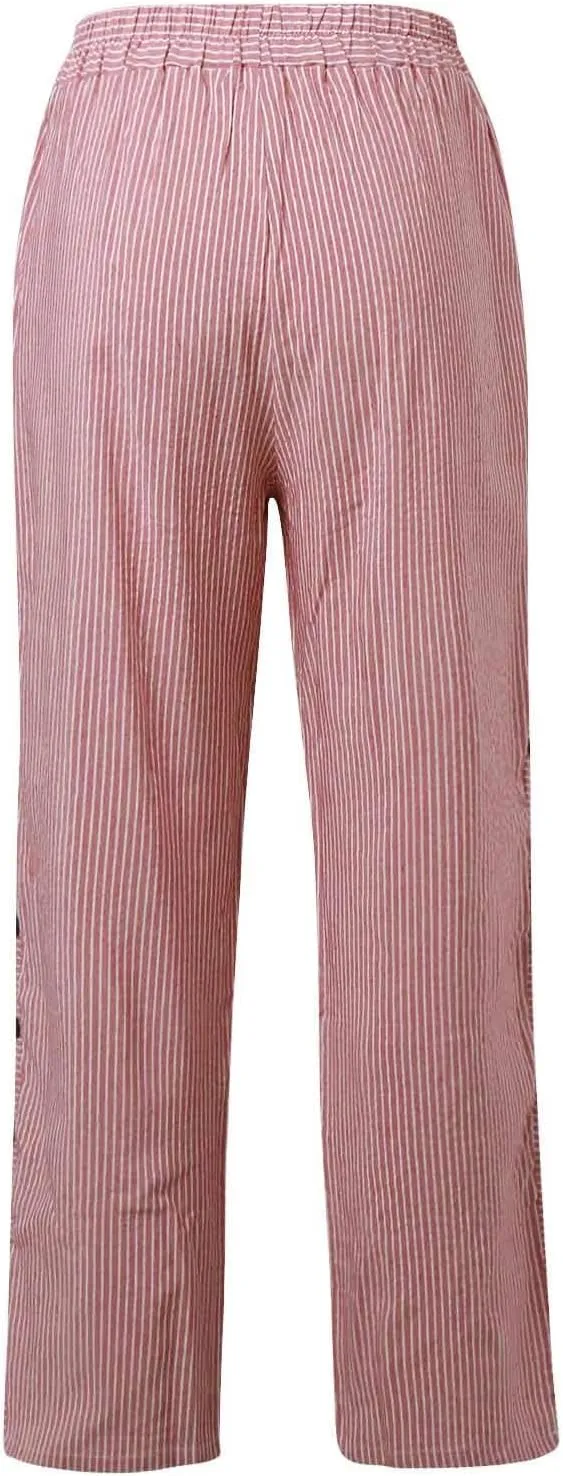 Women's Linen Pants Striped Side Button Elastic Waist Summer Trendy Pants Straight Leg Baggy Trousers with Pockets