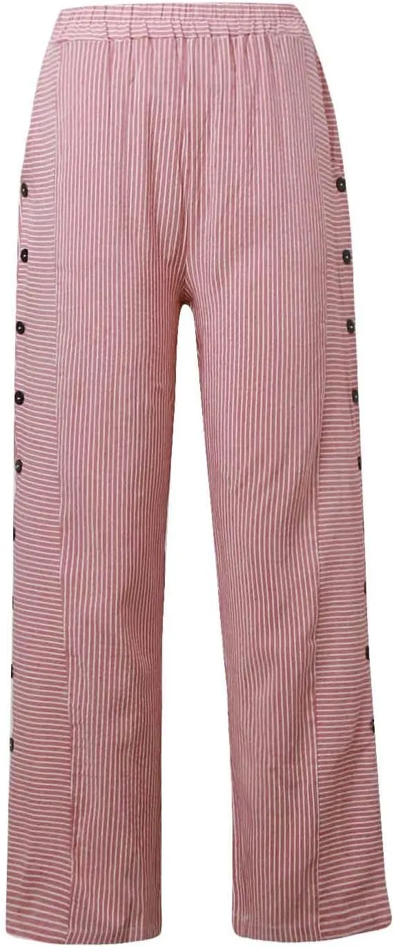 Women's Linen Pants Striped Side Button Elastic Waist Summer Trendy Pants Straight Leg Baggy Trousers with Pockets