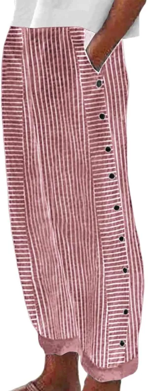 Women's Linen Pants Striped Side Button Elastic Waist Summer Trendy Pants Straight Leg Baggy Trousers with Pockets