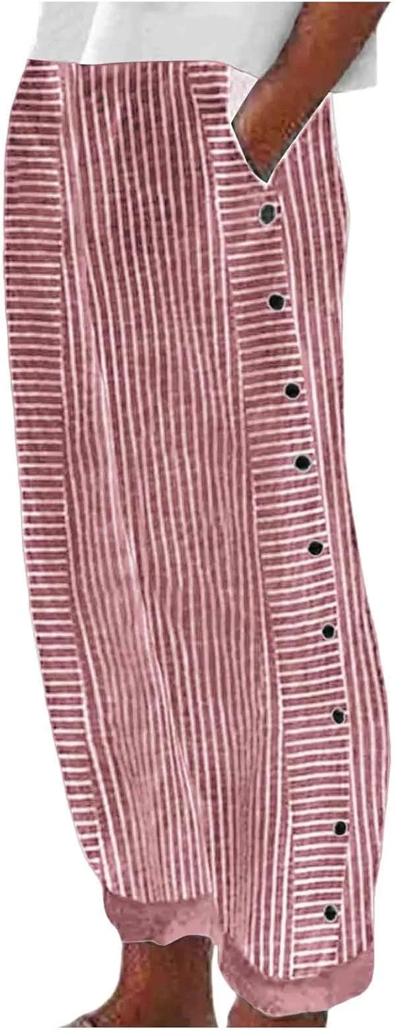 Women's Linen Pants Striped Side Button Elastic Waist Summer Trendy Pants Straight Leg Baggy Trousers with Pockets