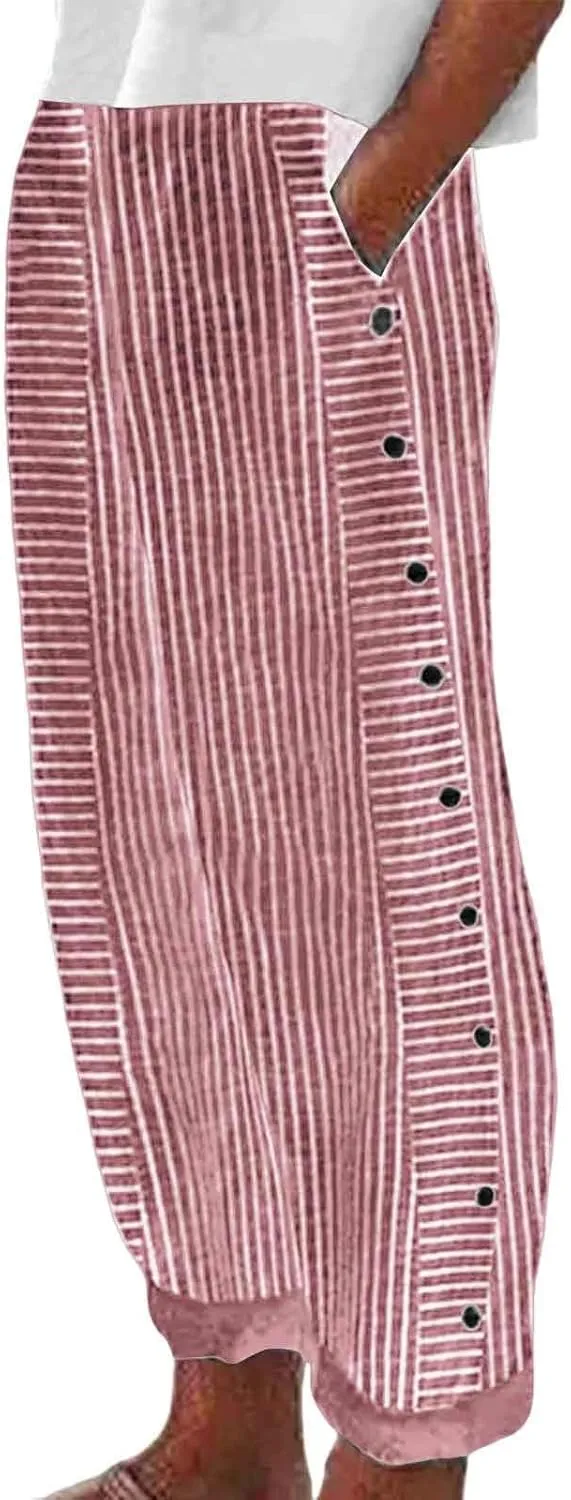 Women's Linen Pants Striped Side Button Elastic Waist Summer Trendy Pants Straight Leg Baggy Trousers with Pockets