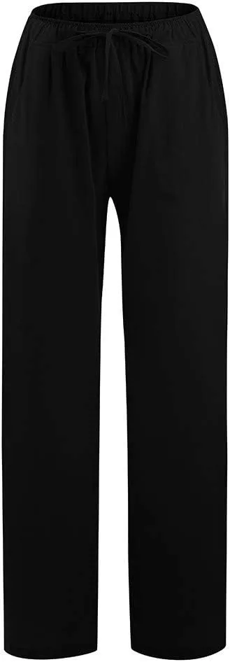 Women's Linen Summer Solid Palazzo Pants Elastic Waist Wide Leg Plus Size Trouser Travel