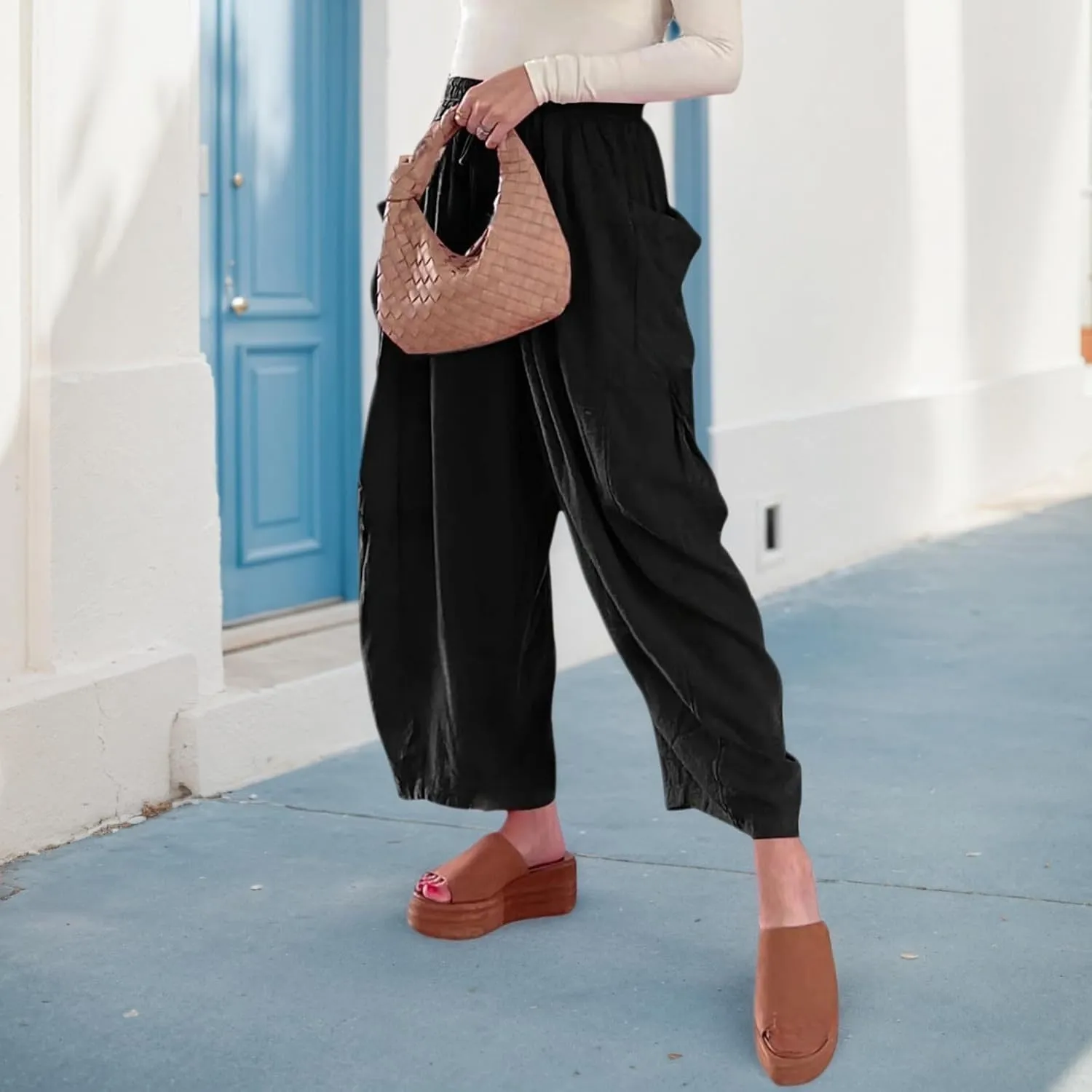 Womens Linen Wide Leg Pants Casual Elastic Waist Baggy Trousers Summer Boho Flowy Vacation Lounge Beach Pants with Pockets