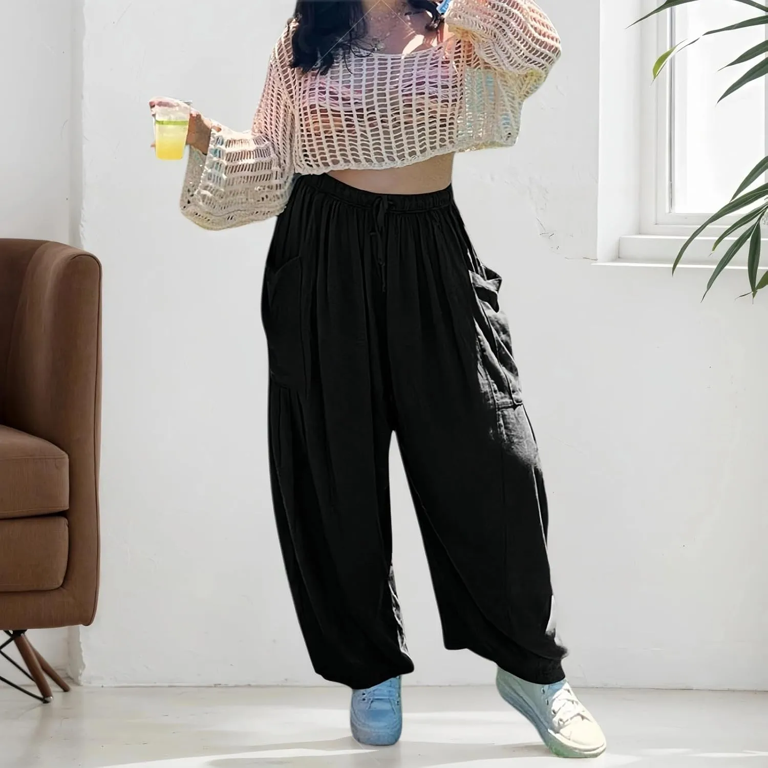 Womens Linen Wide Leg Pants Casual Elastic Waist Baggy Trousers Summer Boho Flowy Vacation Lounge Beach Pants with Pockets