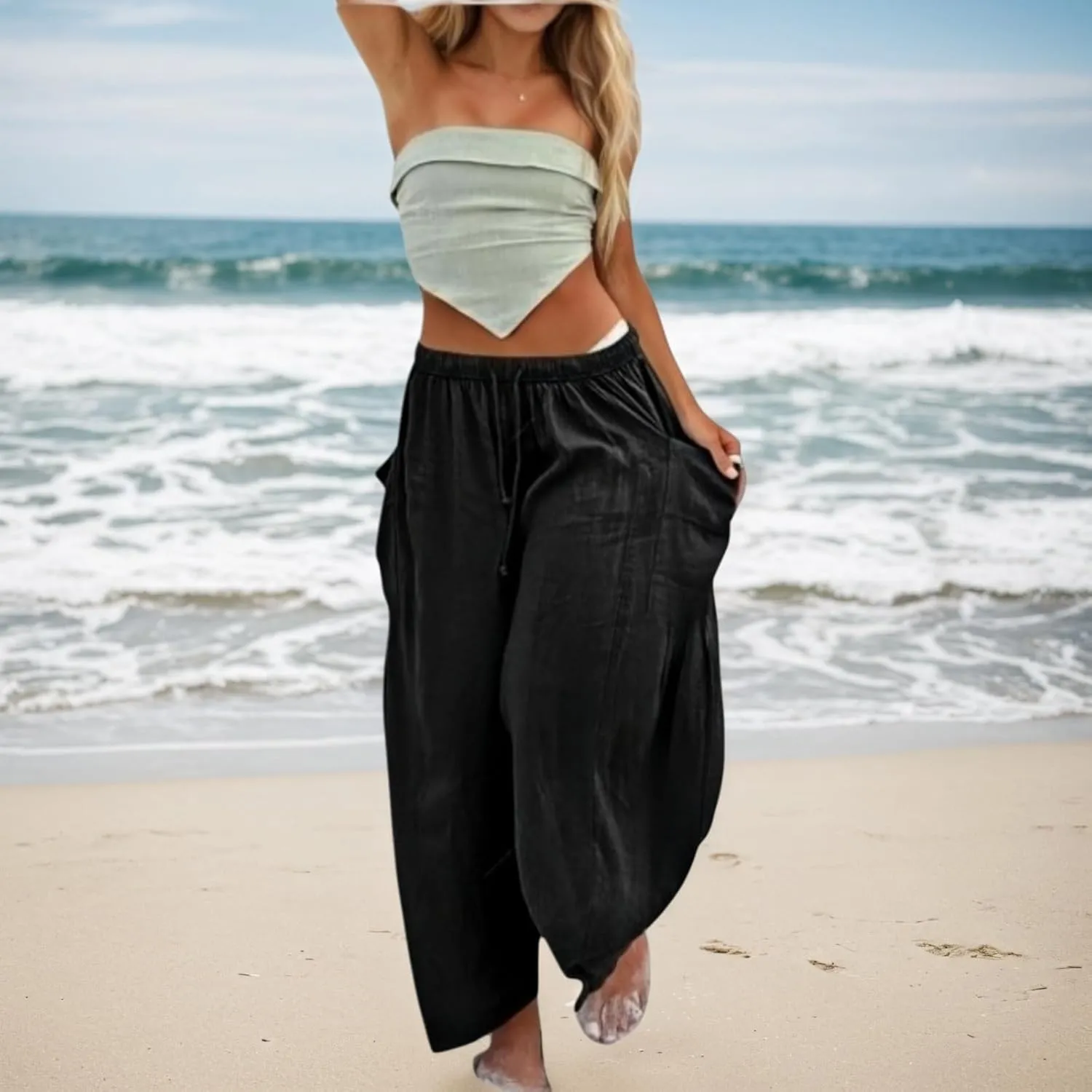 Womens Linen Wide Leg Pants Casual Elastic Waist Baggy Trousers Summer Boho Flowy Vacation Lounge Beach Pants with Pockets