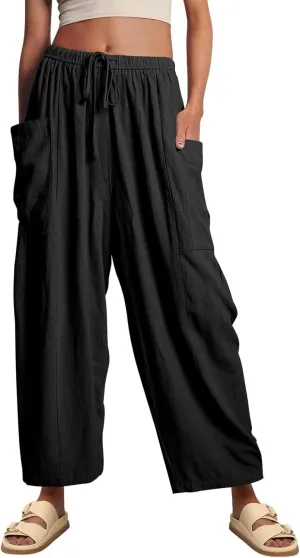 Womens Linen Wide Leg Pants Casual Elastic Waist Baggy Trousers Summer Boho Flowy Vacation Lounge Beach Pants with Pockets