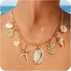 WOWORAMA Gold Sea Shell Necklace for Women Shell Starfish Pearl Charm Necklace Trendy Ocean Sea Pendant Choker Necklace Boho Summer Beach Necklace Jewelry