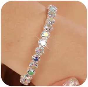 Xerling Silver Iridescent Rhinestones Stretch Open Cuff Tennis Bracelets Colorful Stretchable Crystal Bracelets Hand Chain Jewelry for Women (Colorful)