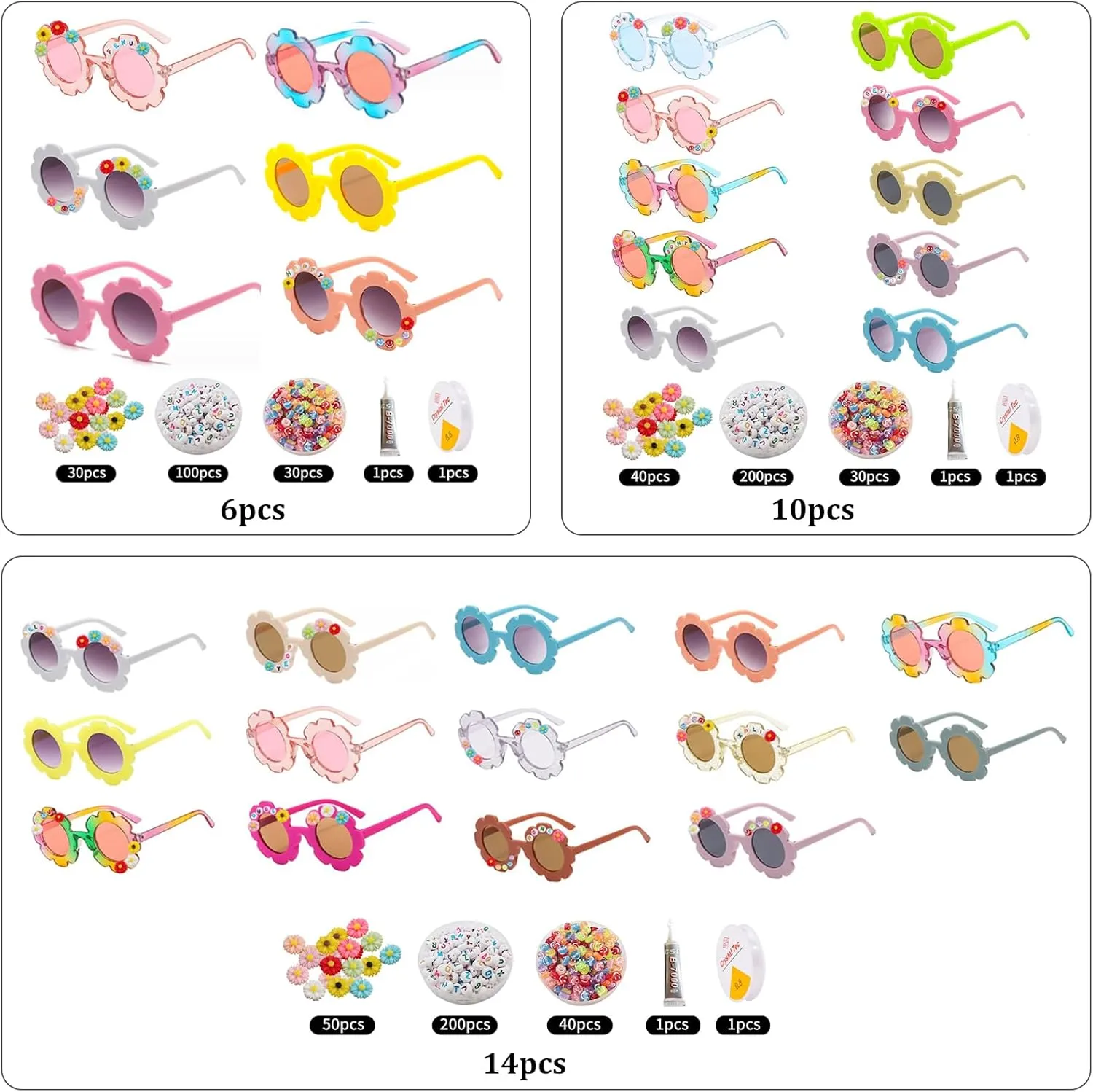 XIAONAN 6pcs Kids Round Flower Sunglasses Toddler Sunglasses DIY Kit with 100 Random Letter Beads 30 Daisy Charms 30 Beads