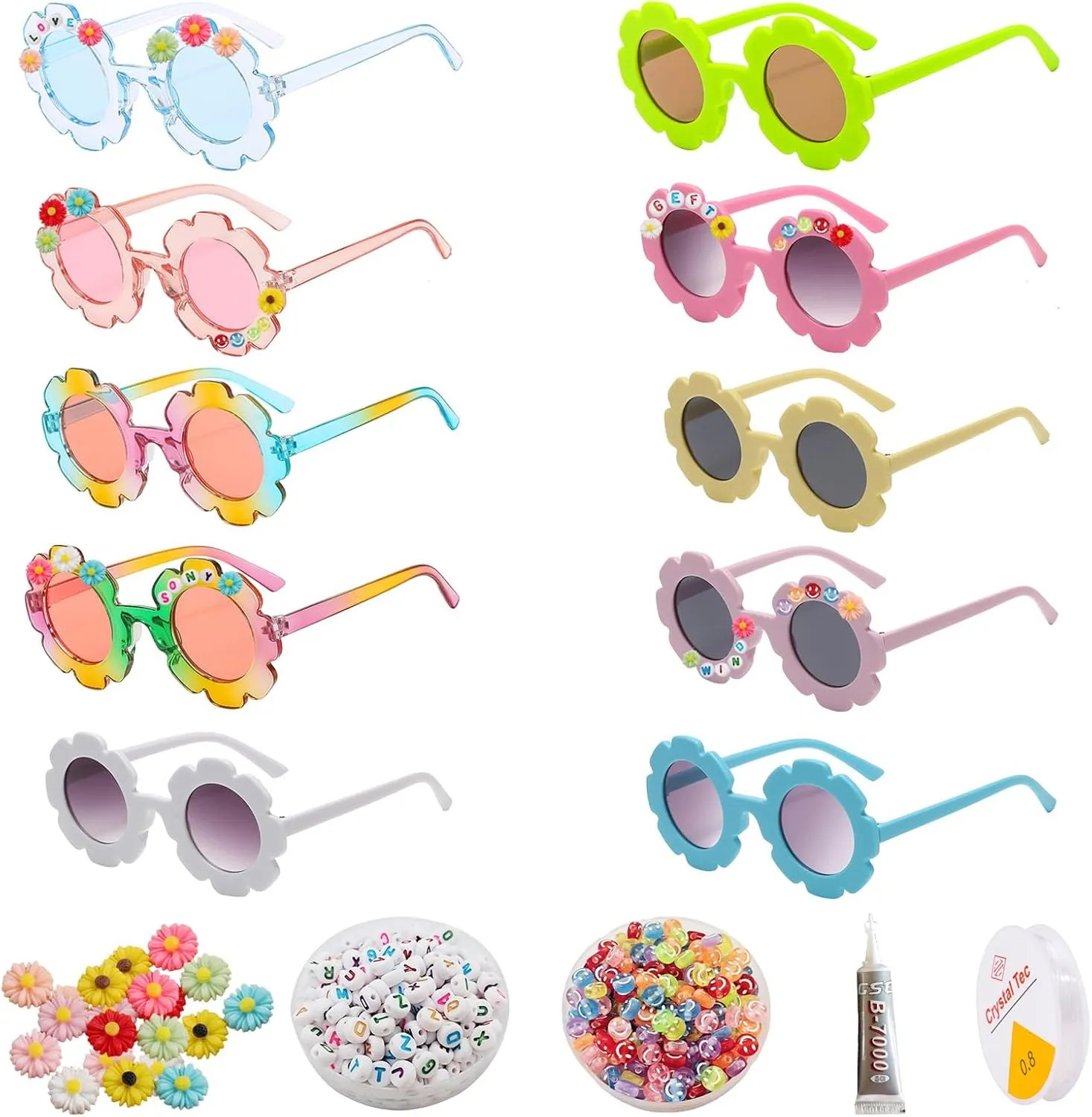 XIAONAN 6pcs Kids Round Flower Sunglasses Toddler Sunglasses DIY Kit with 100 Random Letter Beads 30 Daisy Charms 30 Beads