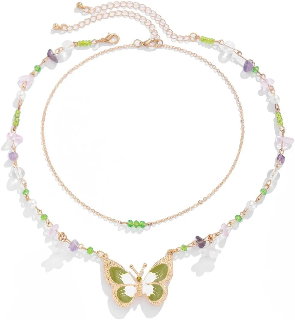 Y2k Necklace for Women, Butterfly Beaded Layered Necklaces, Halloween Fairy Cosplay Accessories, Y2k Cute Sweet Heart Butterfly Jewelry Gifts for Women