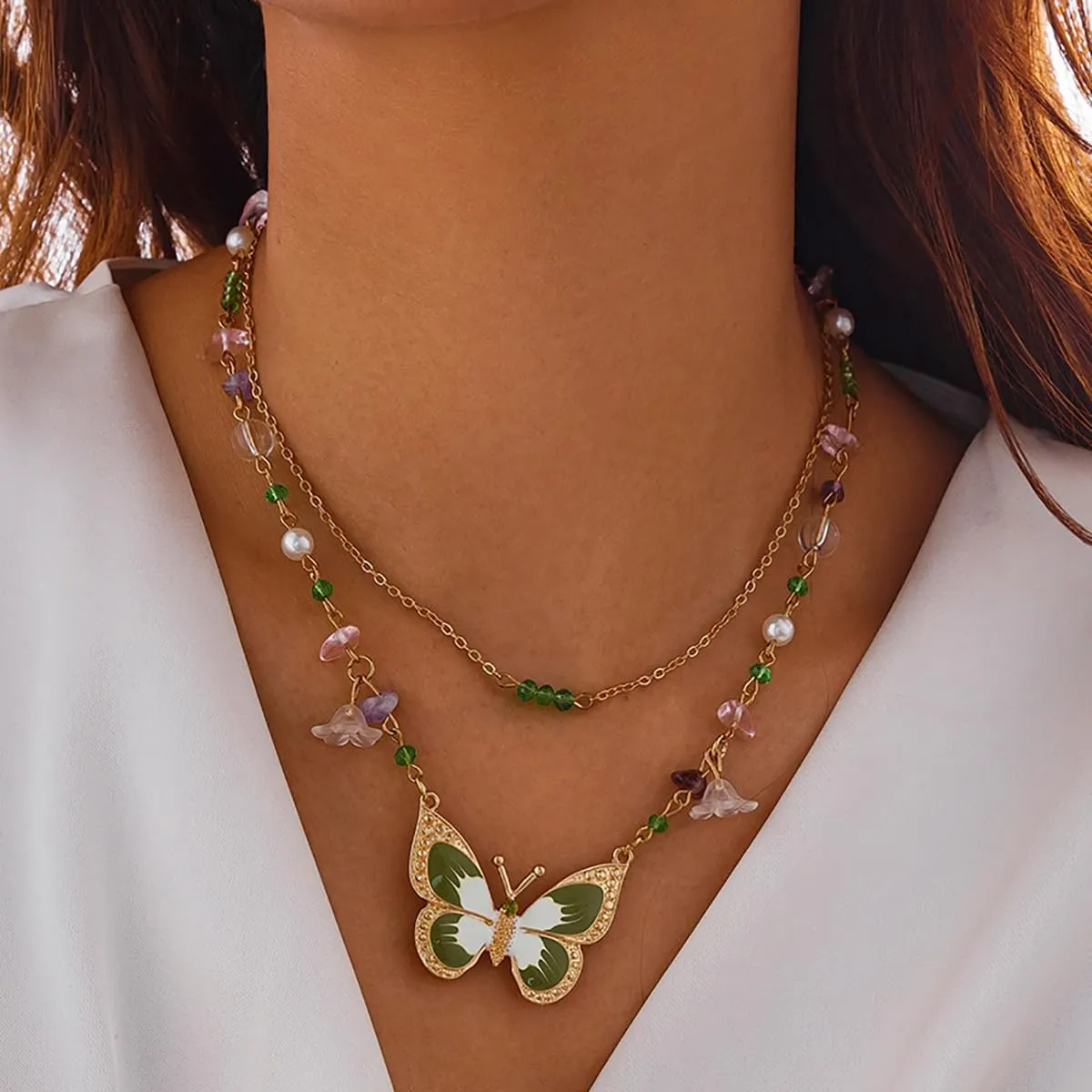 Y2k Necklace for Women, Butterfly Beaded Layered Necklaces, Halloween Fairy Cosplay Accessories, Y2k Cute Sweet Heart Butterfly Jewelry Gifts for Women