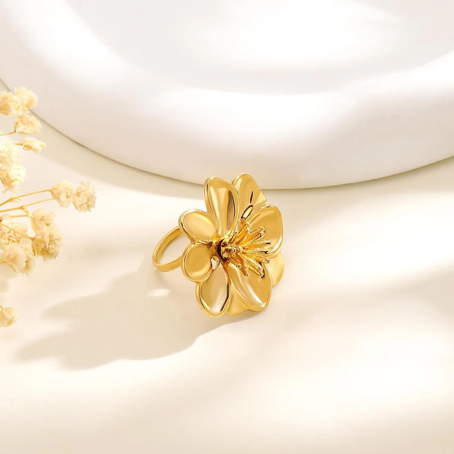 YADUDA Gold Flower Pearl Ring for Women 18K Gold Plated Stainless Steel Adjustable Open Flower Statement Ring Dainty Non Tarnish Stackable Dainty Rings for Women Every Jewelry