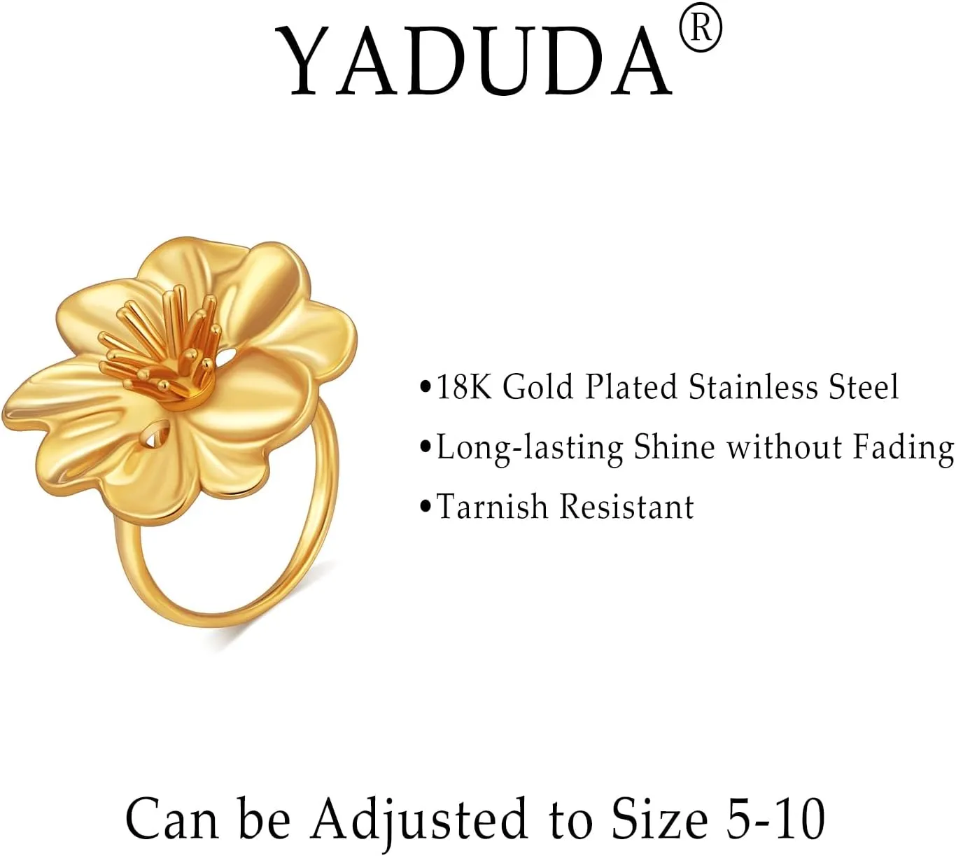YADUDA Gold Flower Pearl Ring for Women 18K Gold Plated Stainless Steel Adjustable Open Flower Statement Ring Dainty Non Tarnish Stackable Dainty Rings for Women Every Jewelry