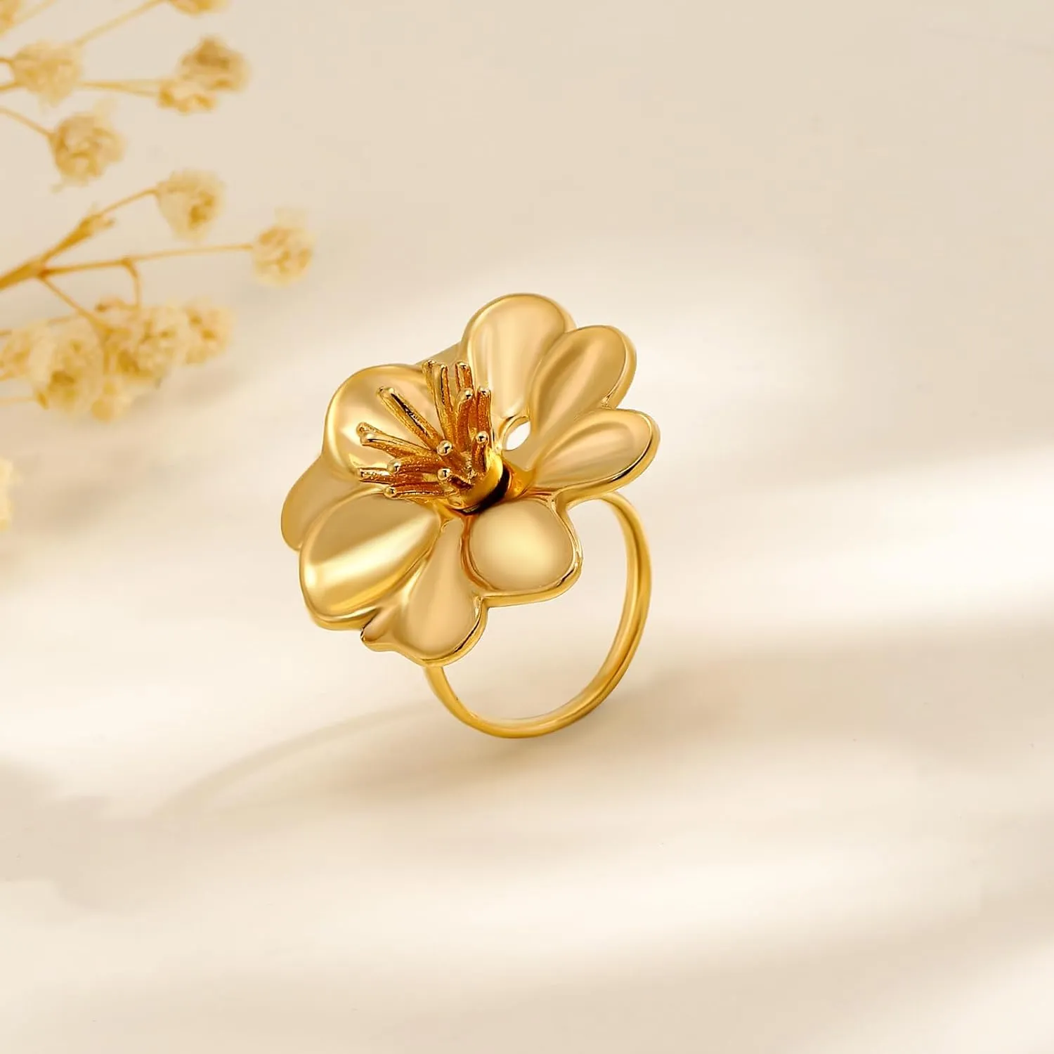 YADUDA Gold Flower Pearl Ring for Women 18K Gold Plated Stainless Steel Adjustable Open Flower Statement Ring Dainty Non Tarnish Stackable Dainty Rings for Women Every Jewelry