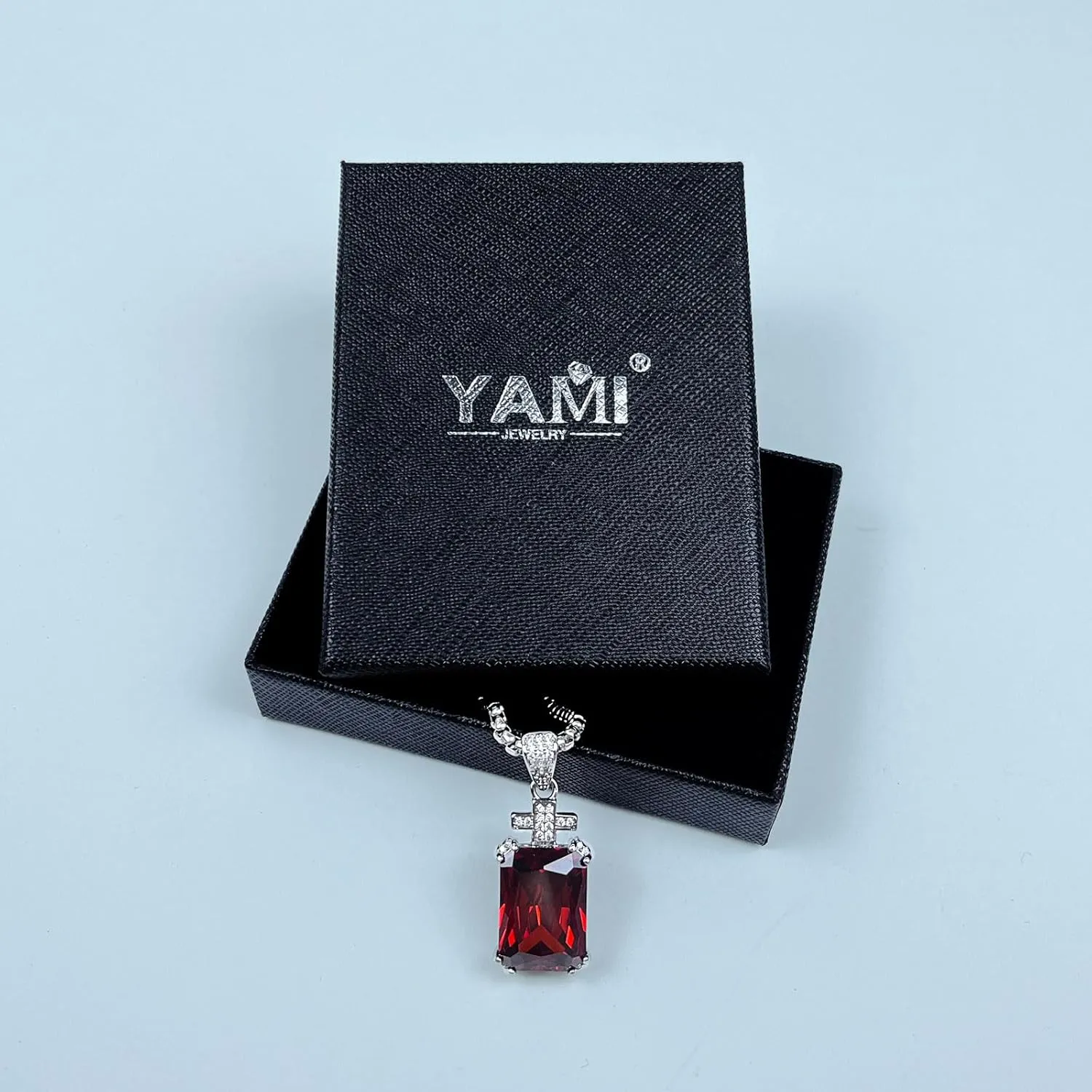 YAMI Necklace for Men, Cross Pendant with 24" Stainless Steel Chain, 17.5-Carat Cubic Zirconia Diamond, Emerald Cut Birthstone, Jewelry Gift for Boyfriend/Husband