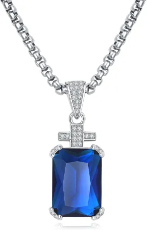 YAMI Necklace for Men, Cross Pendant with 24" Stainless Steel Chain, 17.5-Carat Cubic Zirconia Diamond, Emerald Cut Birthstone, Jewelry Gift for Boyfriend/Husband
